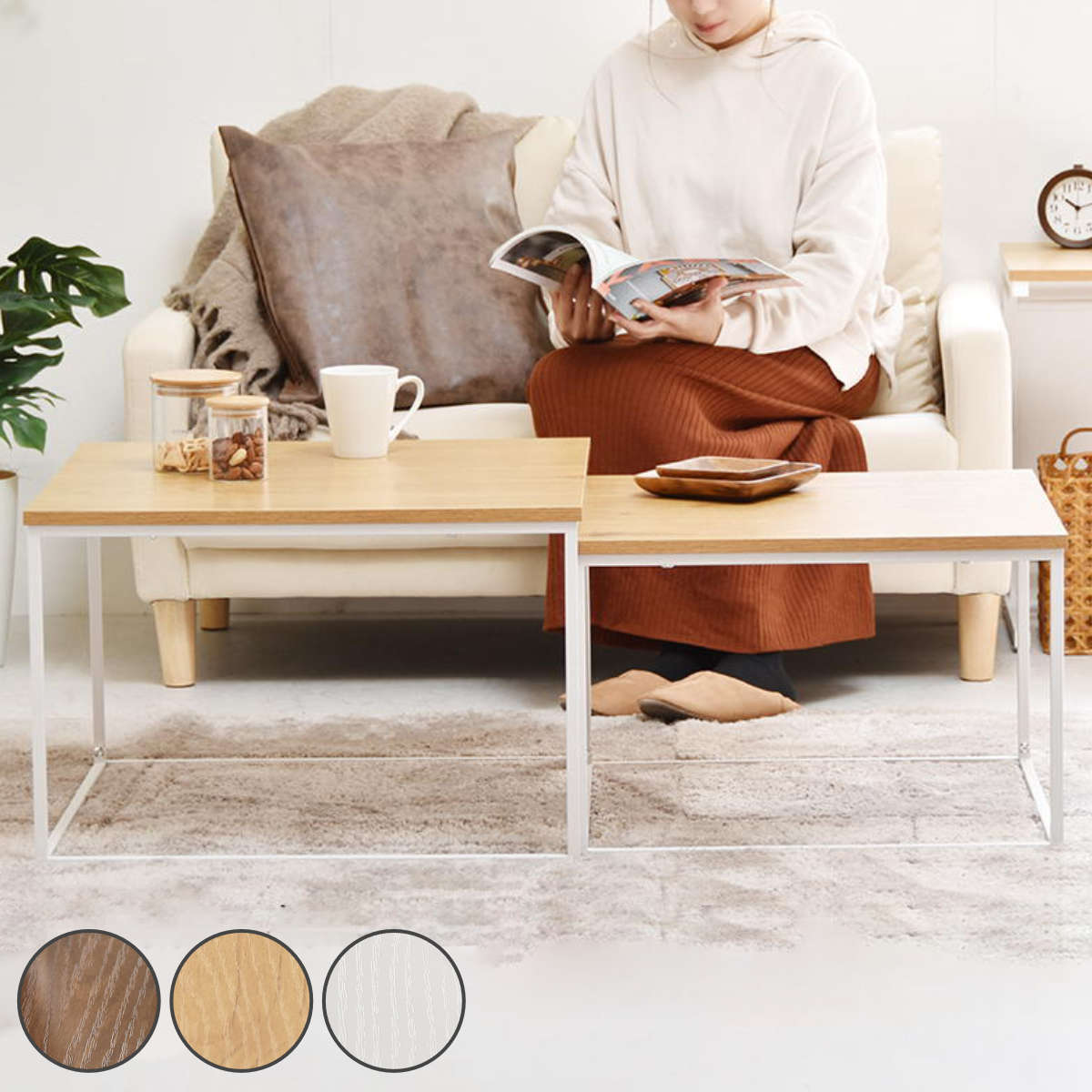 サイズ大：約 幅59.5×奥行59.5×高さ39.6（cm）小：約 幅53.5×奥行53.5×高さ35.6（cm）重量約 9.9kg内容量2台（大1台、小2台）材質天板：中質繊維板にメラミン貼り脚：スチールパイプ（粉体塗装）種類ブラウン、ナ...