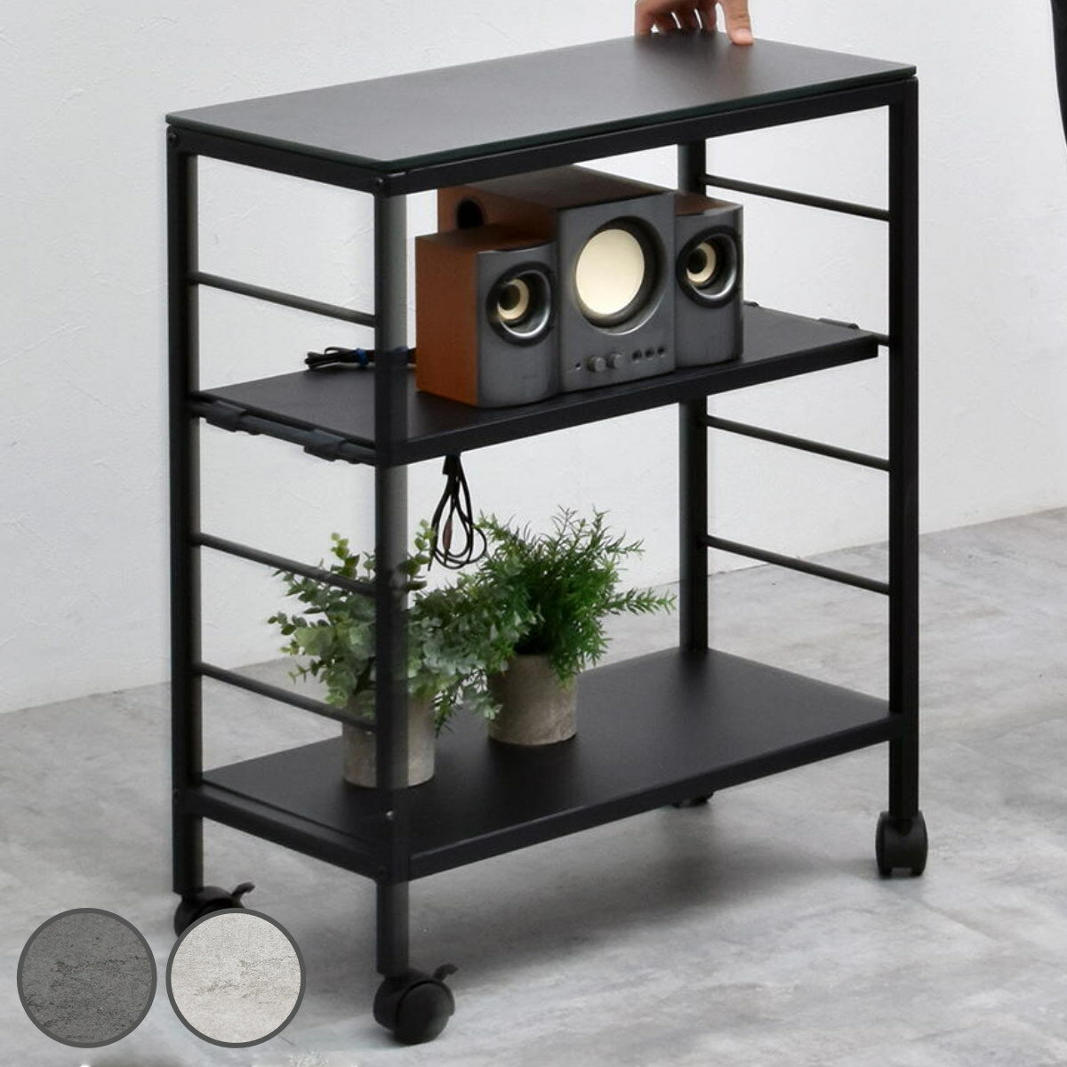 サイズ約 幅60×奥行30×高さ72.5（cm）重量約 12kg内容量1台材質天板：強化ガラス（表面セラミック焼付）棚板、底板：スチール（粉体塗装）脚：スチールパイプ（粉体塗装）種類ダークグレー、ライトグレーキャスター付き天板耐荷重約15k...