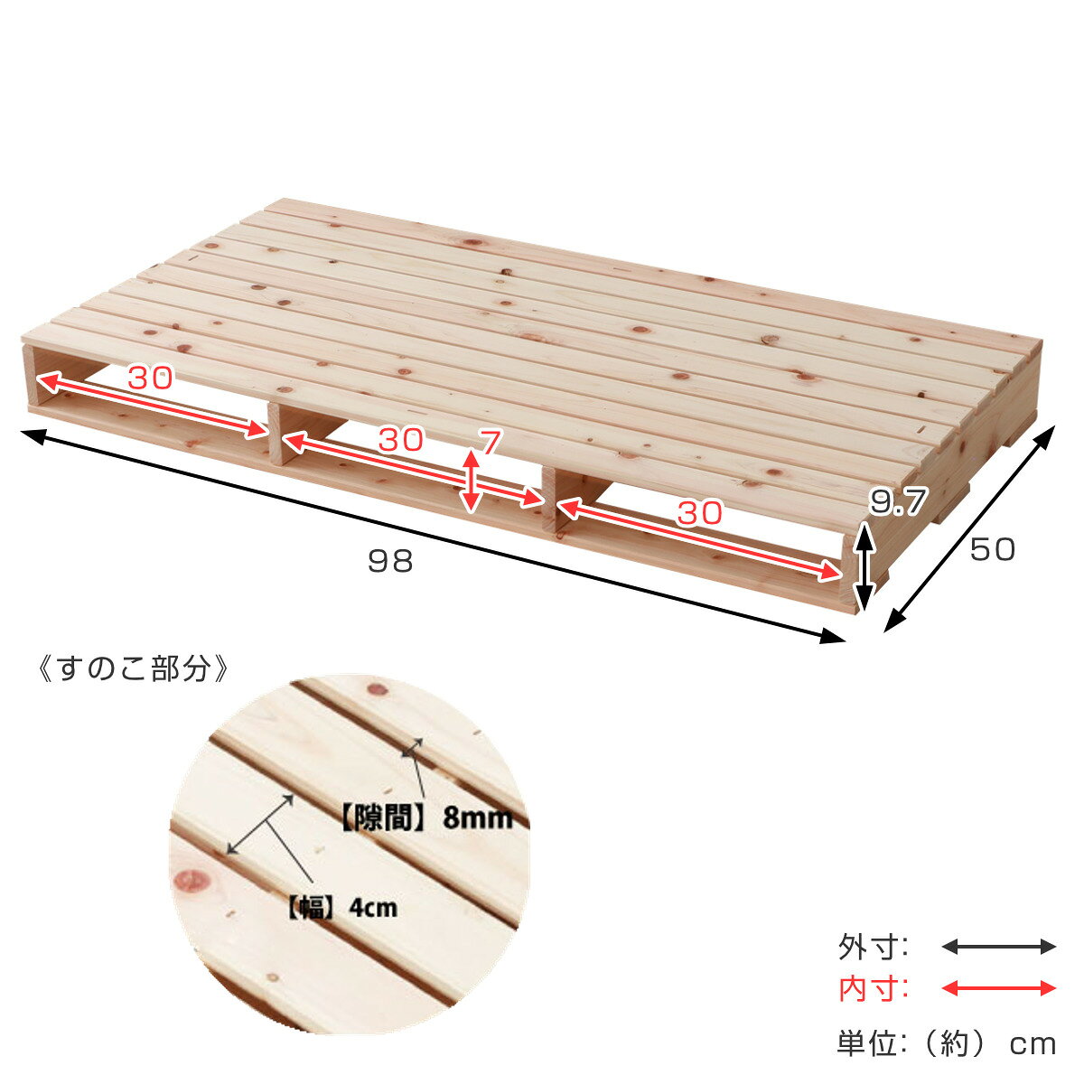 お弁当グッズのカラフルボックスの繊細すのこ パレットベッド シングルパレット 単品1枚 国産ひのき すのこ 日本製 （ 98×50cm 連結可能 組合せ アレンジ ベット 自由 シンプル ナチュラル 無塗装 木製 天然木 ）【3980円以上送料無料】｜アングル2