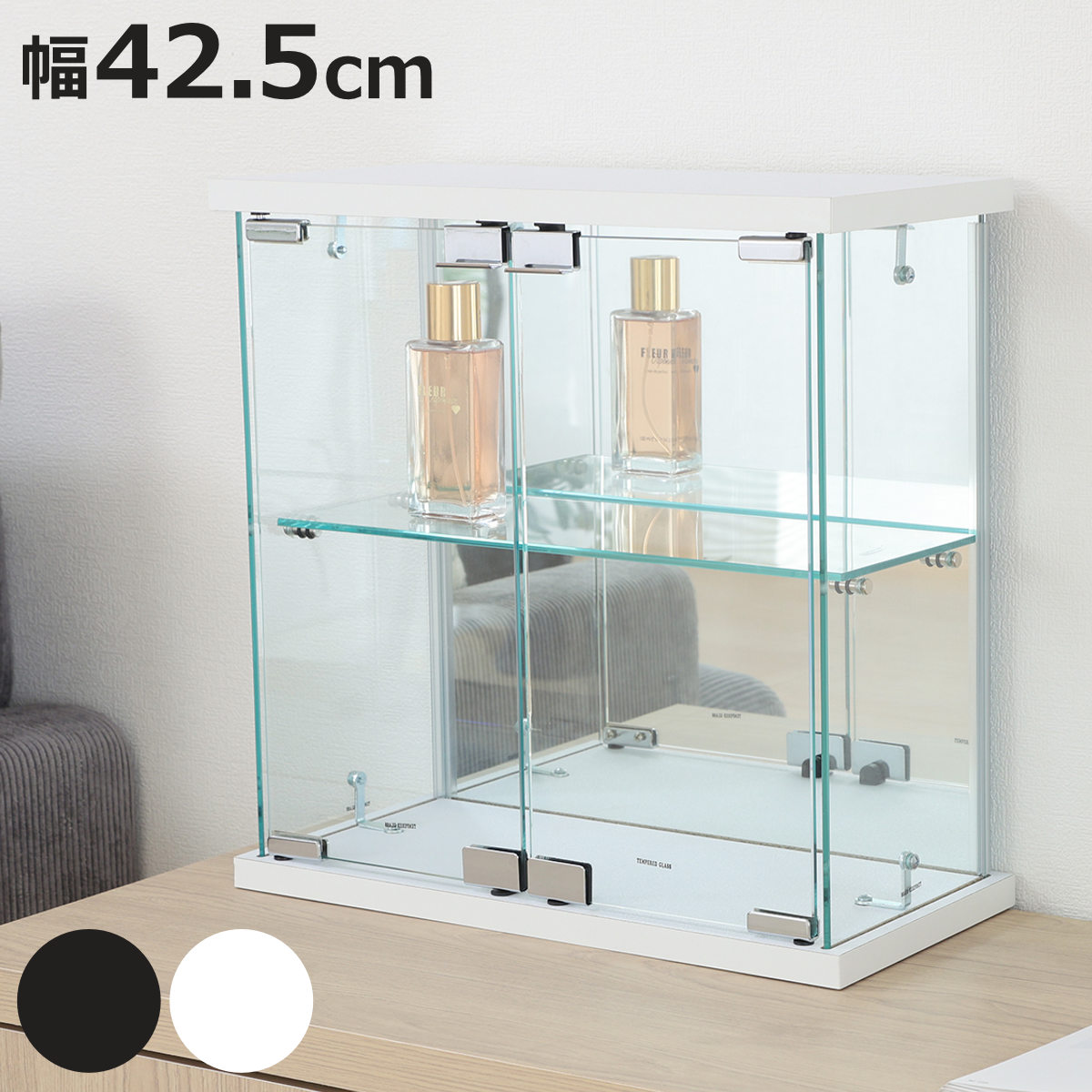 コレクションケース 幅48.5cm TOR ハイタイプ ミラー付き ガラス扉 （ ラック 棚 ディスプレイ 背面ミラー ウィスキー棚 ウイスキー棚 収納 展示 フィギュアケース 見せる収納 可動棚 ブラック ホワイト ）