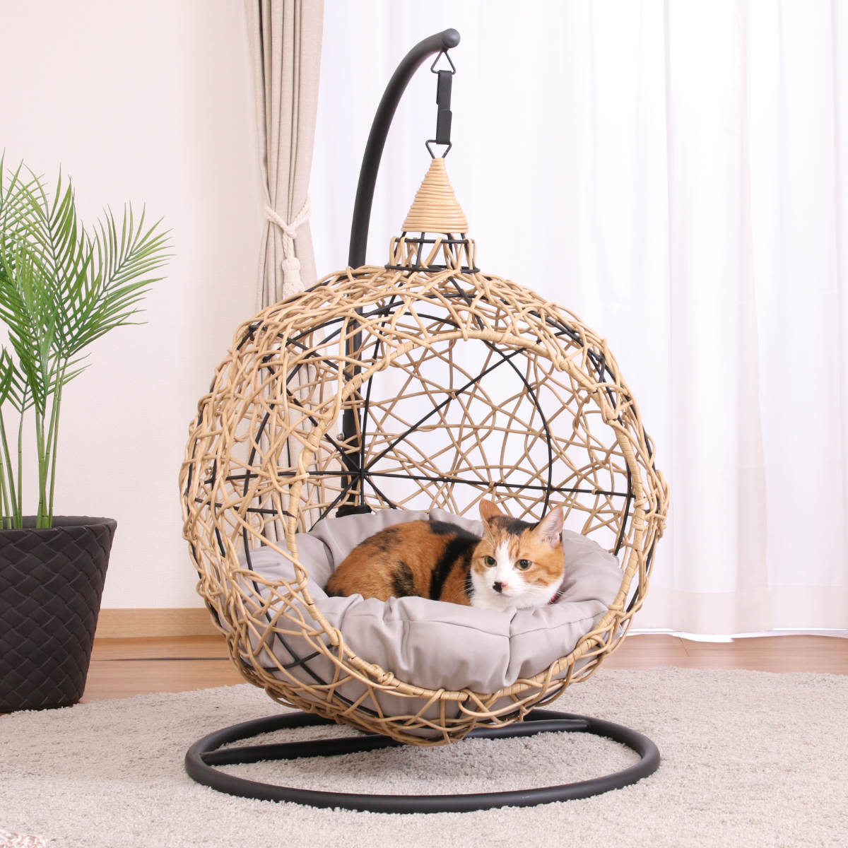 ペットベッド ハンギングチェア ペット用 丸型 吊り下げ ラタン調 猫 ( ペット ベッド ドーム型 丸 吊り下げ式 猫用 ねこ家具 キャットハウス ペット用ハ...