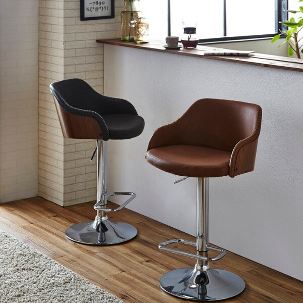 カウンターチェア 座面高63〜83cm レザー調 木製 フットレスト 肘掛け （ 送料無料 カウンター チェア 背もたれ付き 高さ調節 ハイチェア バーチェア 椅子 昇降 回転 イス チェアー ウォールナット ダイニングチェア ハイスツール ） 【3980円以上送料無料】