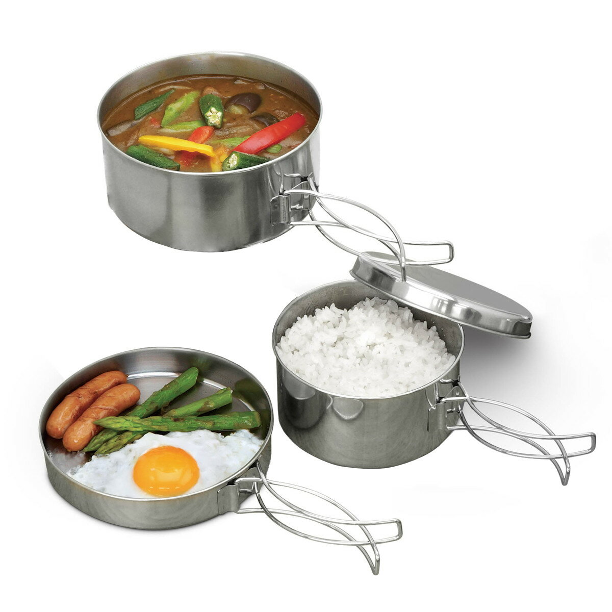 キャンプクッカー アウトドアクッカー4点セット （ モンターナ MONTAGNA アウトドア 食器 鍋 フタ セット ステンレス クッカー キャンプ用食器 持ち運び キャンプ 皿 プレート 片手鍋 積み重ね 収納 調理道具 直火 コンパクト ） 【3980円以上送料無料】のサムネイル