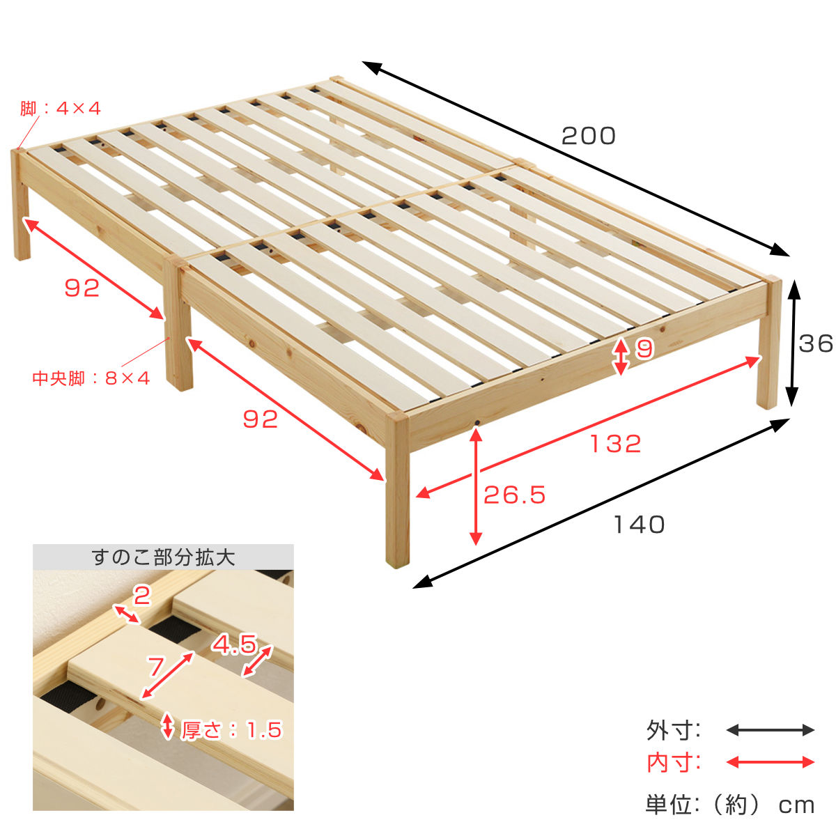 組立簡単ベッド ハイタイプ ダブル 2分で完成 ( ベッド 組立簡単 天然木 高耐荷重 耐荷重300kg 調湿 防カビ 工具不要 収納スペース )【3980円以上送料無料】 [3]