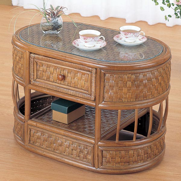 ラタンテーブル 籐 オーバル型 ガラス天板 幅75cm （ 送料無料 センターテーブル アジアン ） 【3980円以上送料無料】