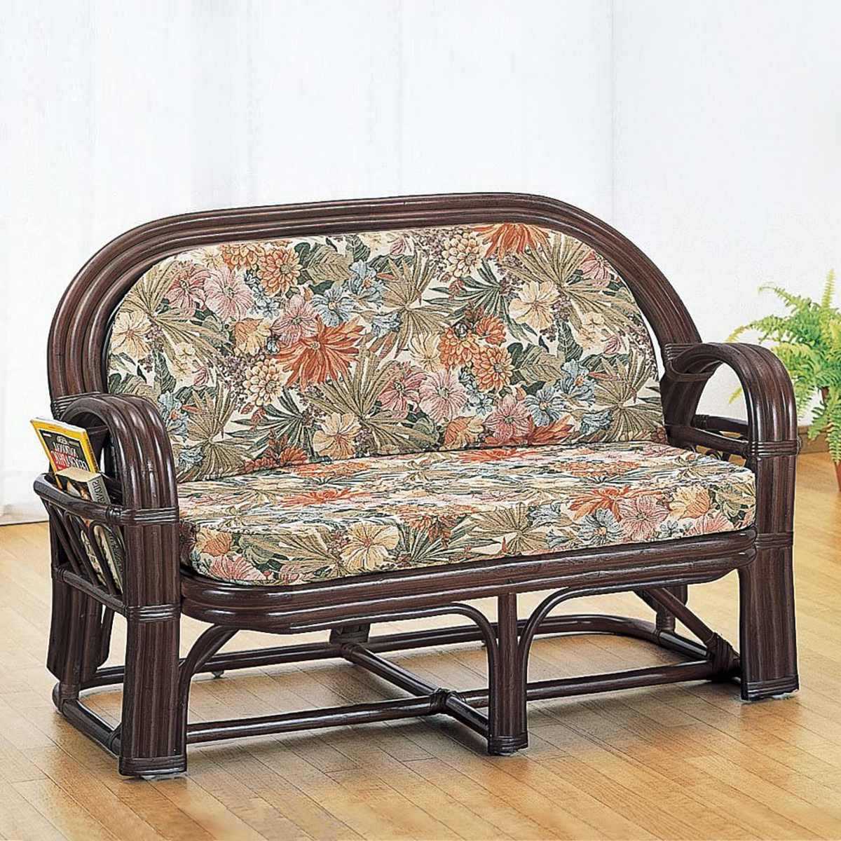 籐 ラブソファ 2人掛け クッション マガジンポケット付 幅120cm （ 送料無料 ラタン ソファ ...