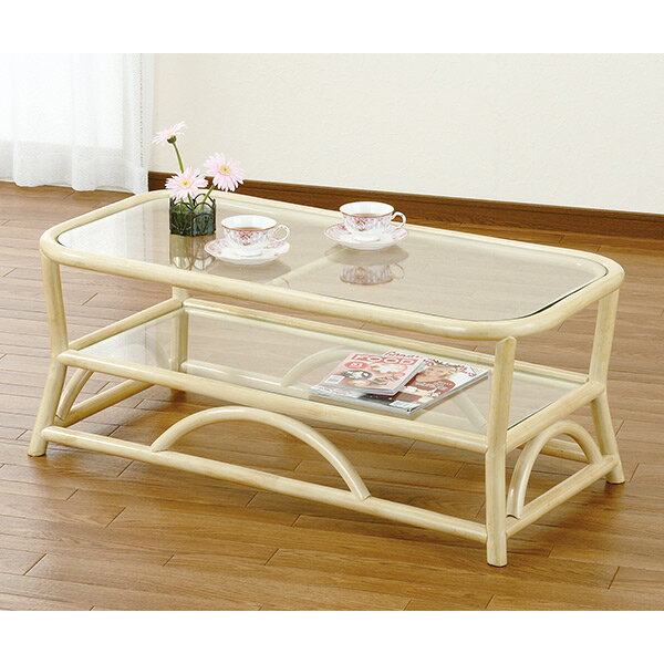 ラタンテーブル籐家具ガラス天板棚付...