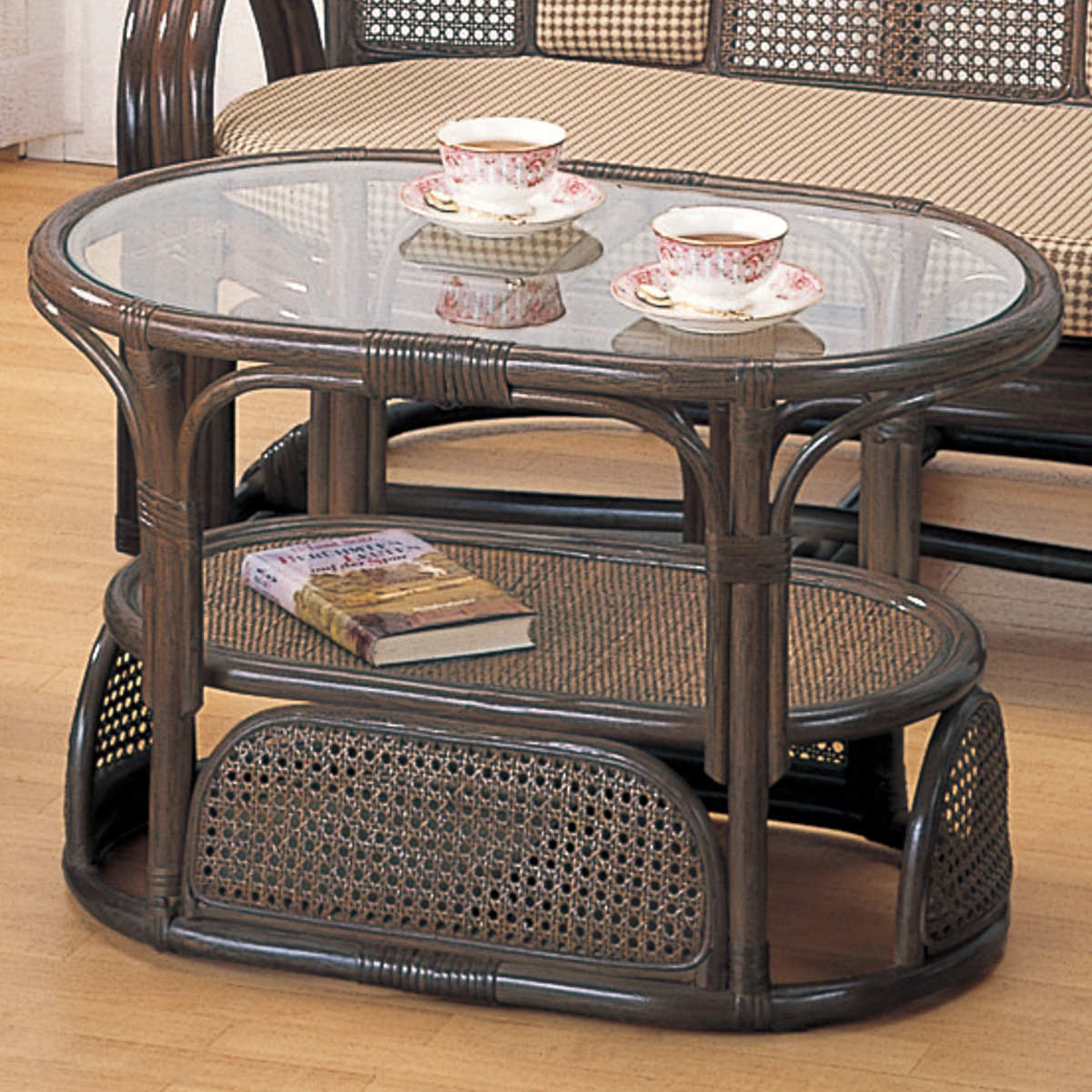 籐 ローテーブル オーバル型 ガラス天板 幅75cm ( 送料無料 センターテーブル コーヒーテーブル オーバル 机 つくえ 籐編み 籐製 リビングテーブル ガ...