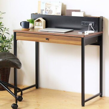 ミニデスク コンセント USBポート付 幅85cm ワークデスク ( 送料無料 パソコンデスク スチールフレーム製 引き出し付き PCデスク シンプル 収納 スマホ 充電用 ラック スライドトレー付き 勉強机 学習机 書斎机 引き出し 引出 )【3980円以上送料無料】