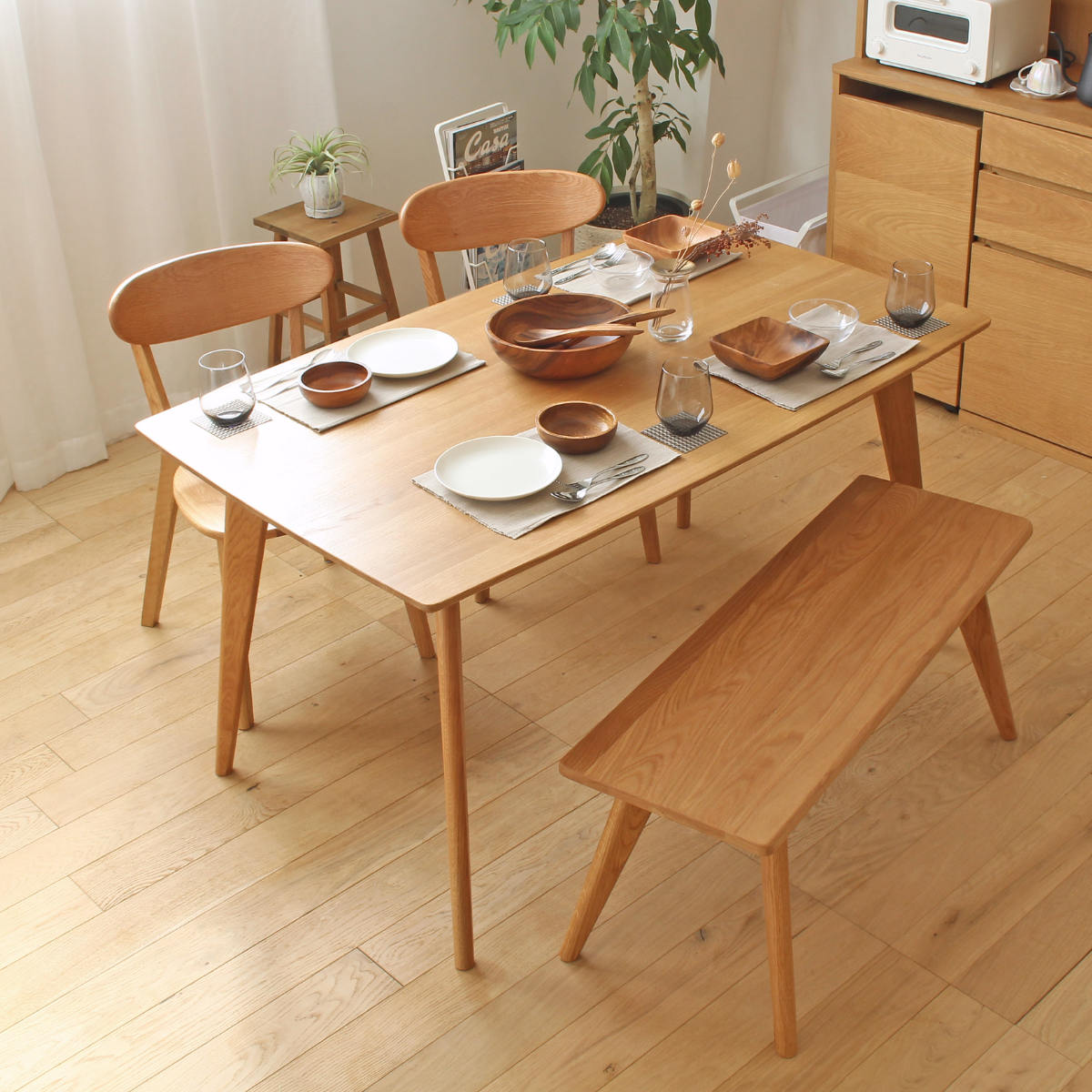 Dining Set - ダイニングセット 4点セット テーブル幅135cm ダイニングチェア2脚 ダイニングベンチ リバー （ 送料無料 オーク材 ダイニングテーブル ベンチ チェア セット 4人掛け 4人用 テーブル 長方形 北欧 シンプル ナチュラル おしゃれ ） 【3980円以上送料無料】