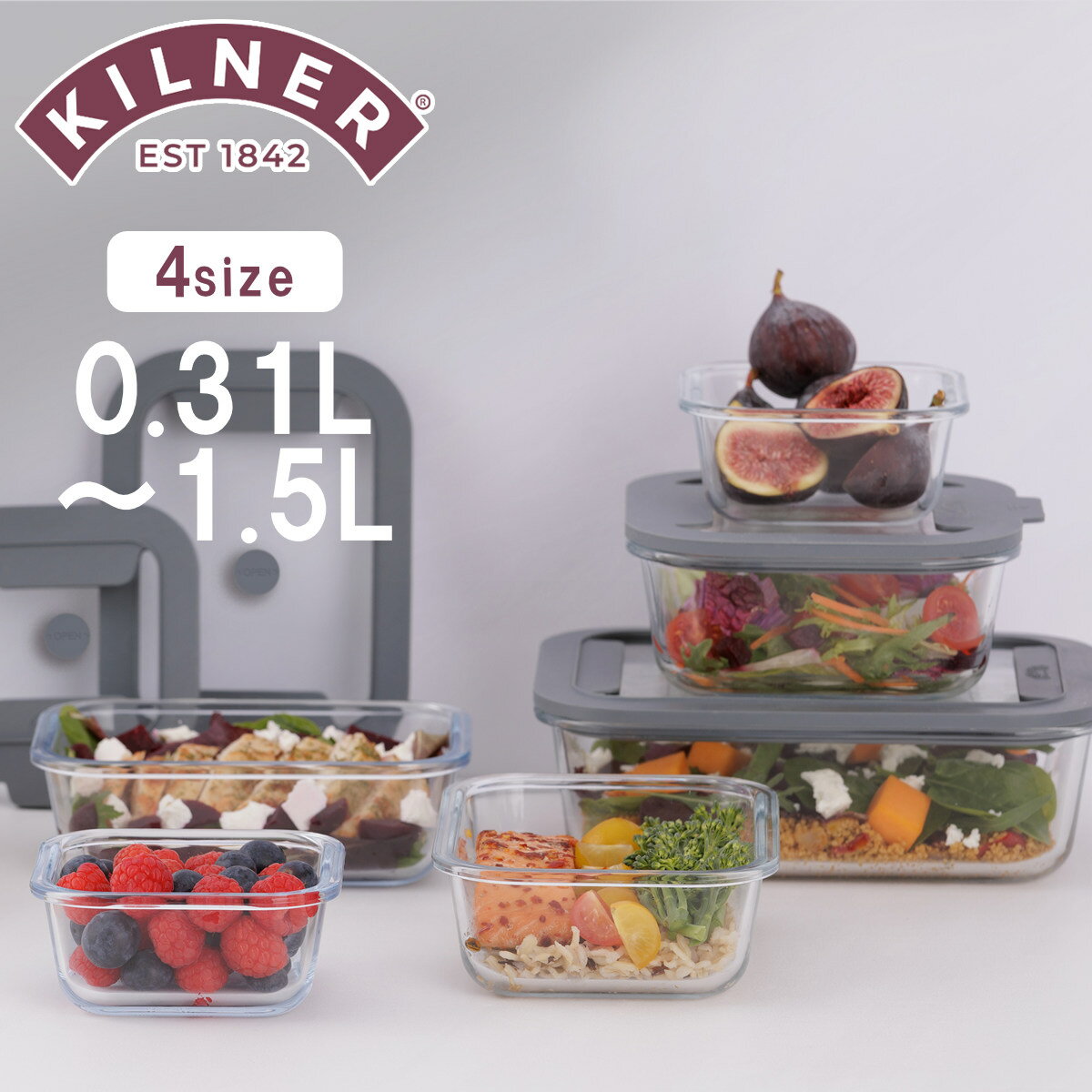 保存容器 3個セット KILNER 310ml New Fresh Storage Square （ キルナー 密閉 密閉容器 ガラス ガラス保存容器 電子レンジ対応 食洗機対応 オーブン対応 密閉保存容器 密閉保存 角型 食品保存容器 食品保存 ）【39ショップ】