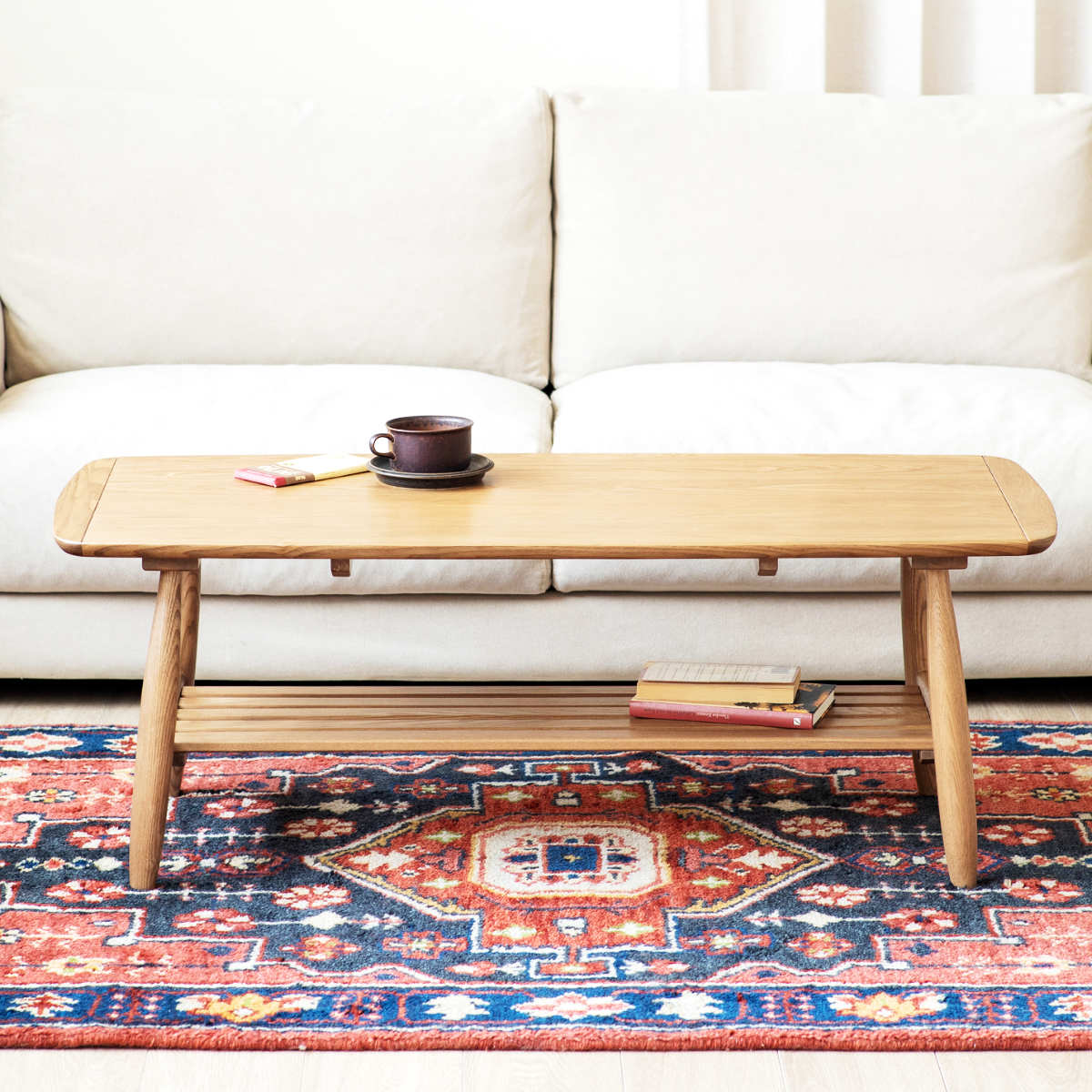 リビングテーブル 幅110cm 収納棚付 センターテーブル パヴォ （ テーブル ローテーブル リビング 木製テーブル 棚付き 収納 長方形 完成品 おしゃれ 木製 天然木 奥行50cm ）【3980円以上送料無料】