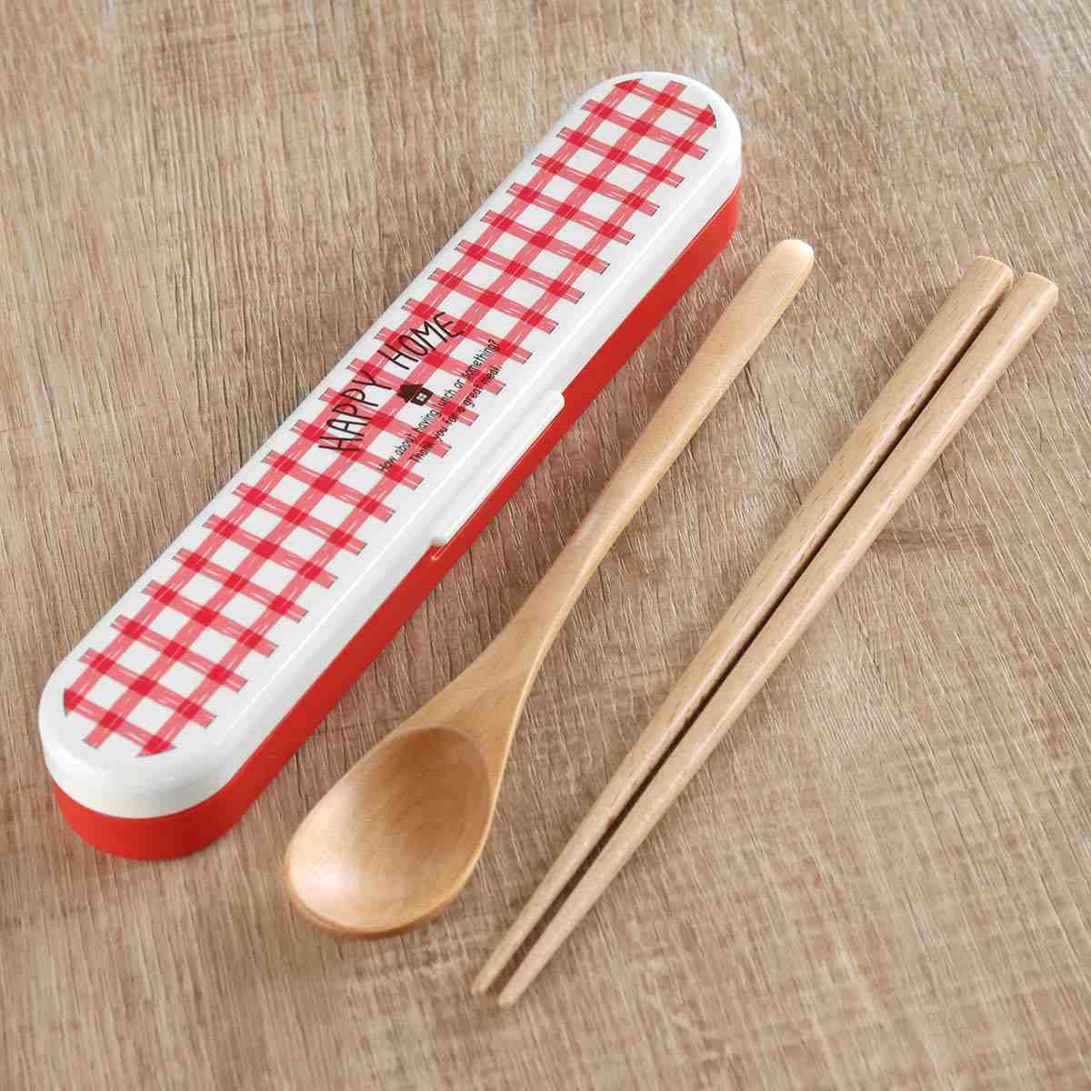 コンビセット ハッピーホーム レッド ( スプーン 箸 18cm お箸 カトラリーセット カトラリー セット お弁当用 女子 チェック柄 18センチ 木製 天然...