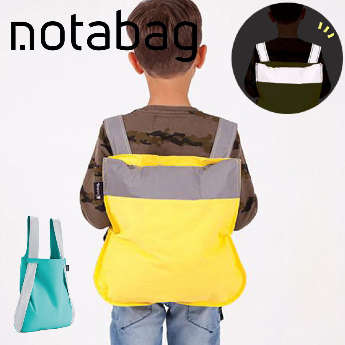 楽天お弁当グッズのカラフルボックスエコバッグ notabag BAG ＆ BACKPACK KIDS REFLECTIVEMINT （ ノットアバッグ Notabag 折りたたみ 2way 撥水 ブランド トート 鞄 かばん リュックサック バックパック キッズリュック 子ども こども キッズ 軽量 撥水加工 ）【3980円以上送料無料】