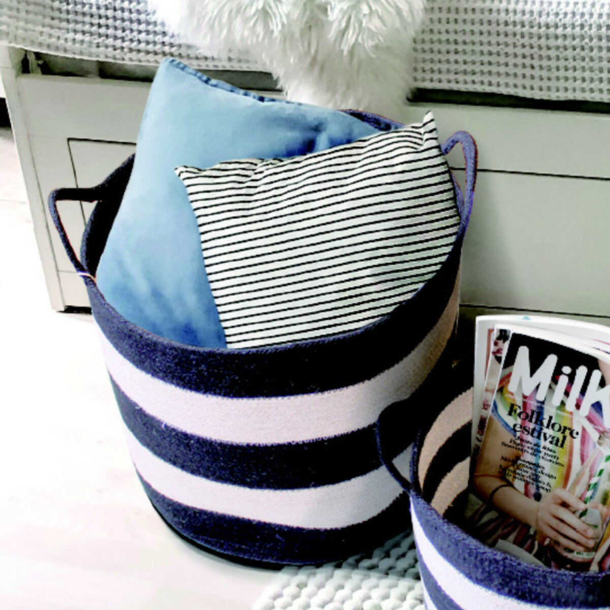 バスケット コディ ジュート ボーダーバスケット L 持ち手 （ 収納バスケット 直径36cm 高さ34cm かごバスケット カゴ かご 収納 麻 手編み 天然素材 日本製 収納かご 小物収納 小物入れ スリッパ おもちゃ リビング おしゃれ 丸 ）【3980円以上送料無料】