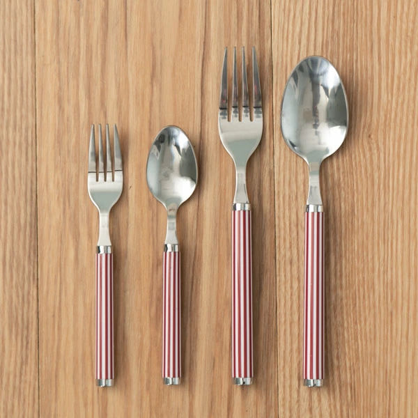 スプーン フォーク 大 小 セット 4本入り ステンレス ストライプ 赤 （ 洋食器 カ...