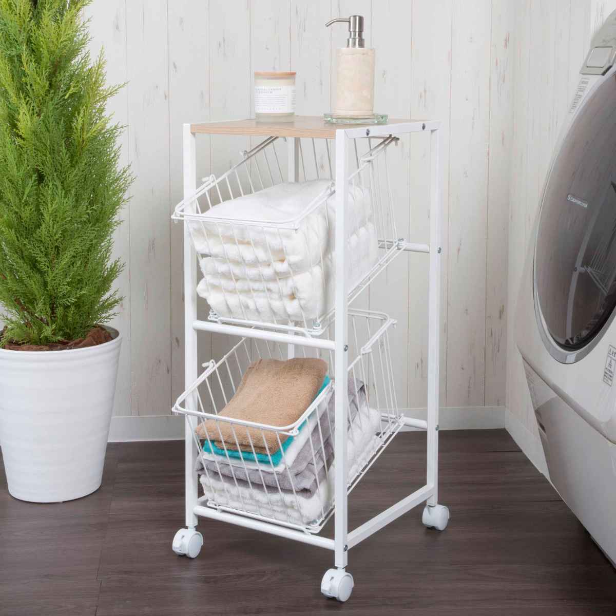 ランドリーラック 2段 キャスター付き ( ラック ランドリー バスケット 洗濯かご 洗濯物 脱衣かご 分別 洗濯物入れ 収納 棚 キャスター付 ホワイト シン...