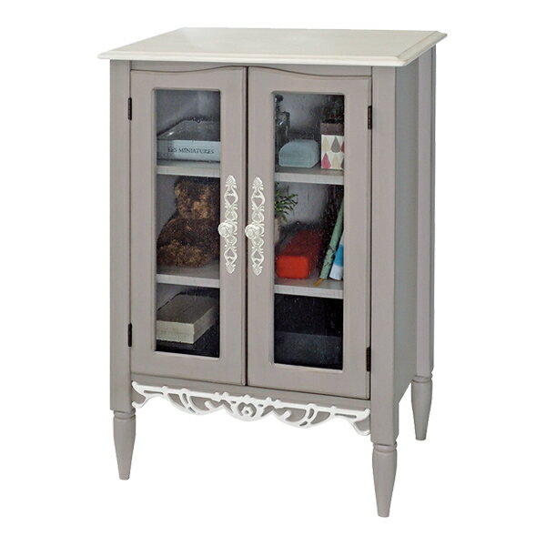 キャビネット ガラス扉 フレンチシャビー Belle 幅55cm （ 本棚 収納棚 フレンチ シャビーシック コレクションケース ディスプレイラック ガラス扉付き カービング 白 グレー グレイッシュ 大人 かわいい 大人かわいい ）【3980円以上送料無料】