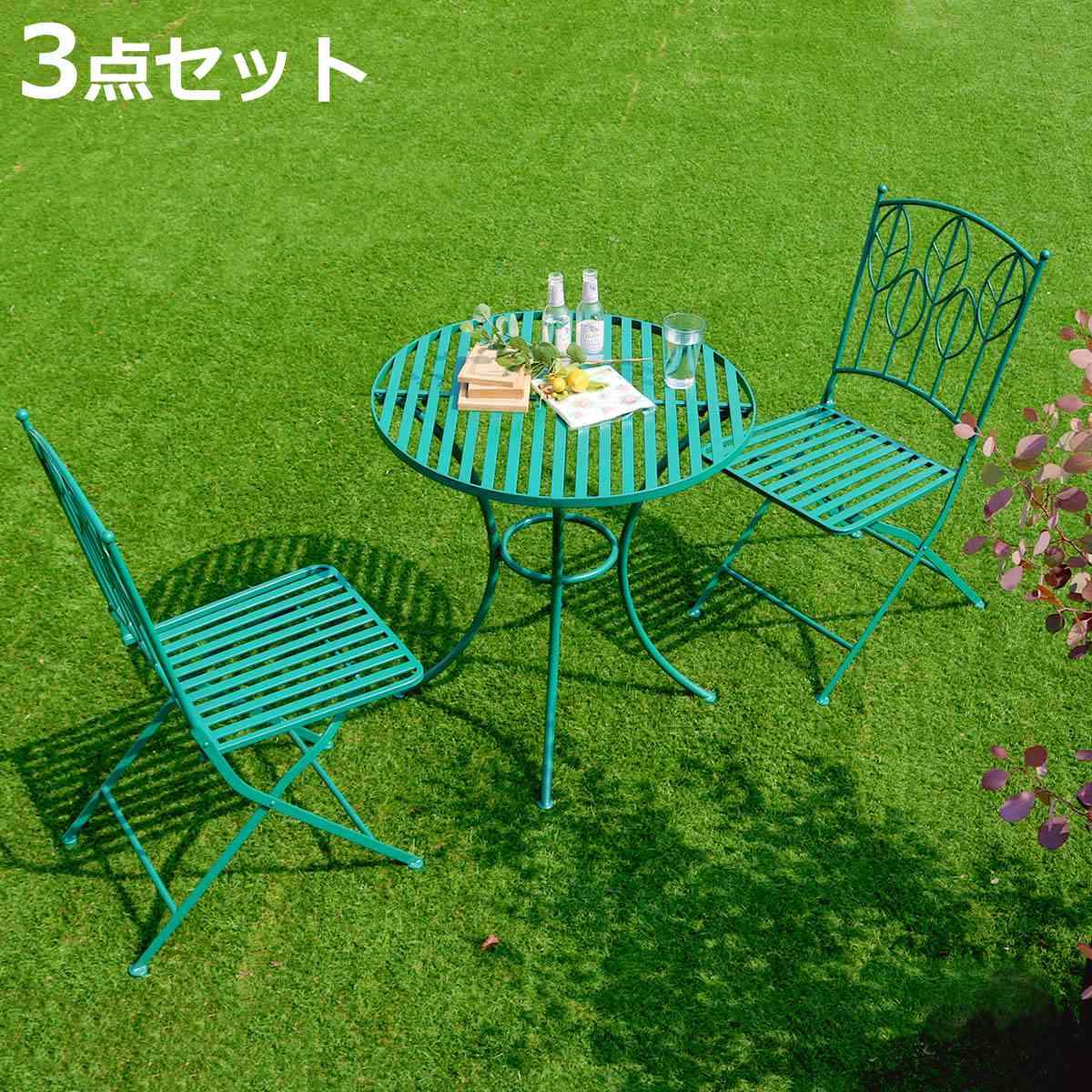 ラウンドテーブル アイアン製 Sunny Leaf サニーリーフ 3点セット （ テーブル ガーデンチェア ガーデン 庭 折りたたみ 机 椅子 2脚 セット カフェテーブル ガーデンテーブル 折りたたみチェア チェア カフェ バルコニー テラス 2人 ）【3980円以上送料無料】