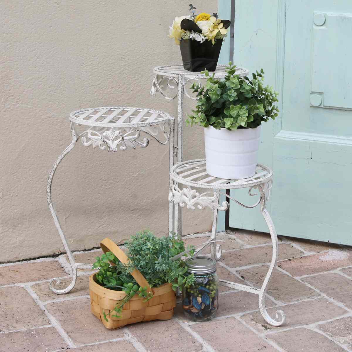 フラワースタンド ブランティーク ホワイトアイアンフラワースタンド 丸型 （ プランター台 フラワーラ..