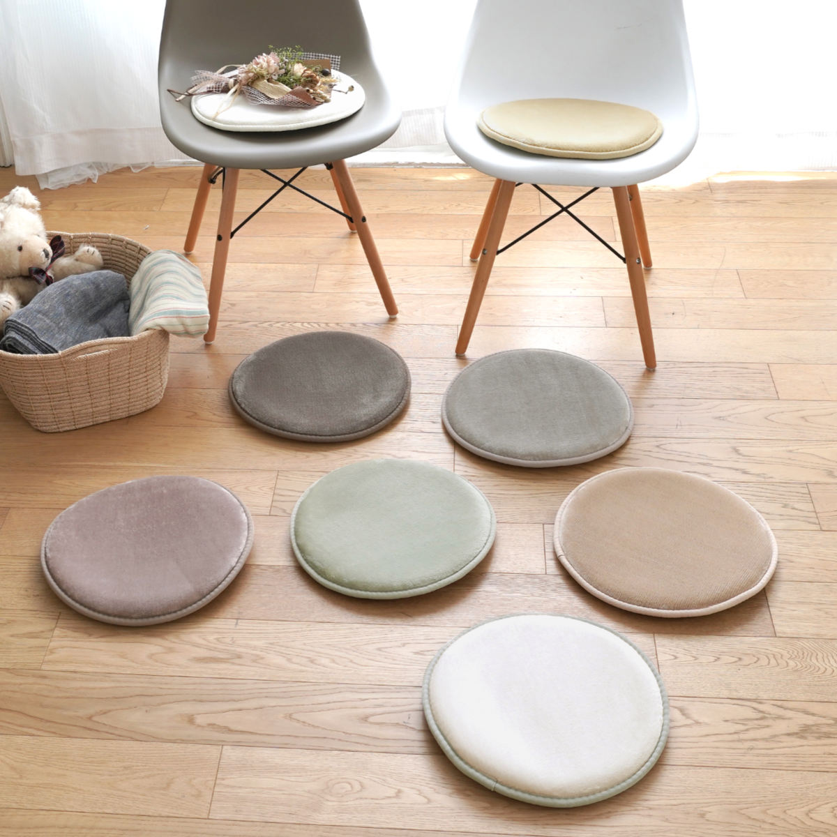 チェアパッド 3層ウレタン フランネル 円形 くすみカラー （ 直径35cm チェアマット 丸 滑り止め シー..