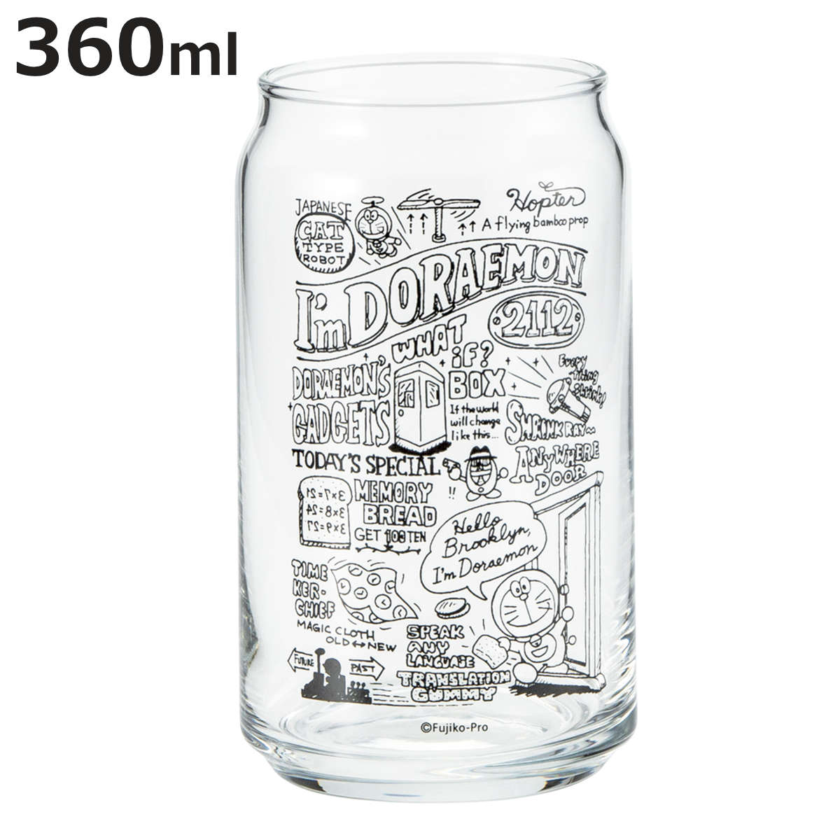 유리 360ml 캔형 글라스 도라에몽 (유리 일본제 컵 텀블러 캐릭터 귀여운 캔 디자인 캔 바람 흑백) [3980 엔 이상 무료 배송]