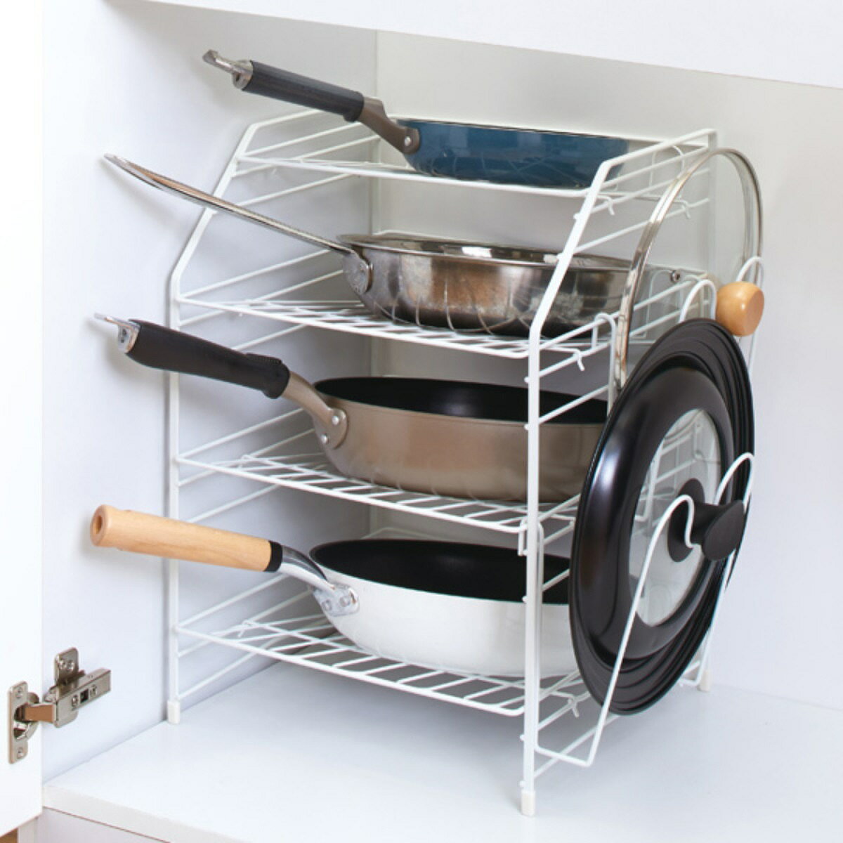 フライパンラック シンク下フライパンラック 4段 ファビエ （ フライパンスタンド シンク下収納 シンク下収納ラック フライパン収納 鍋蓋スタンド シンク下ラック フライパン整理 スチール製 ホワイト 白 ）【3980円以上送料無料】のサムネイル