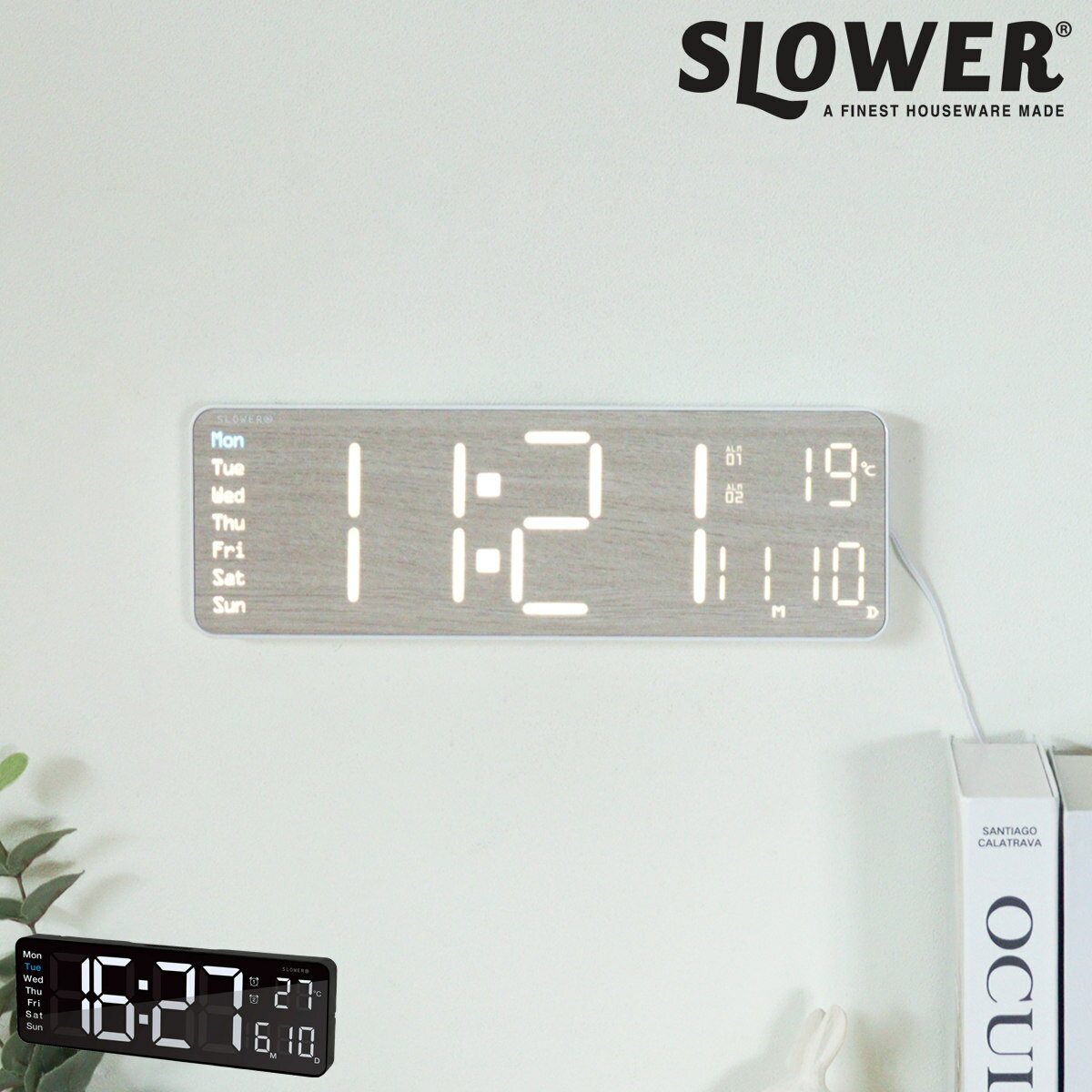 置き時計 LED デジタル時計 リモコン付き 置き掛け兼用 SLOWER リコ リコウッド （ 温度計 カレンダー USB LED時計 置き 掛け 輝度調節 卓上時計 日付 曜日 温度 コンパクト おしゃれ スヌーズ アラーム 木目調 大画面 ）【3980円以上送料無料】