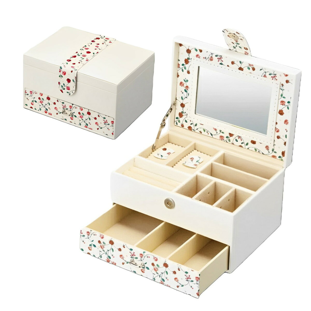 アクセサリーケース フラワー ジュエリーボックス Mサイズ 引き出し （ 幅18×奥行13×高さ11cm レザー調 収納 アクセサリートレー ミラー付き ボックス 宝石箱 ネックレス リング ピアス 指輪 かわいい 花柄 イヤリング 2段 ）【3980円以上送料無料】 3