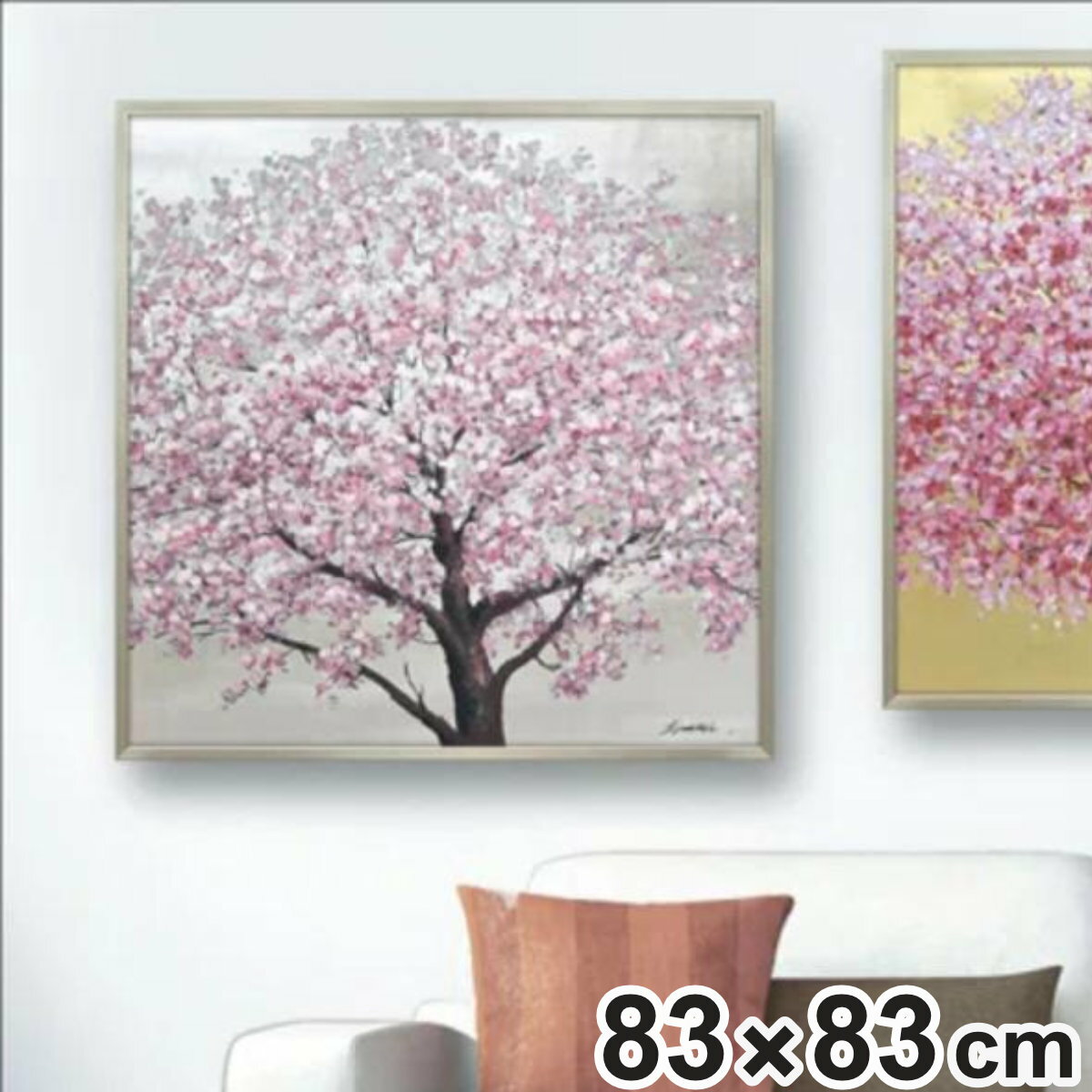 アートパネル オイルペイントアート 『シルバー サクラ』 83×83cm （ 絵画 絵 アート インテリア 額 額入り 壁掛け 油絵 桜 サクラ ポスター アートフレーム アートポスター ウォールアート パネル 額付き 正方形 ）【3980円以上送料無料】