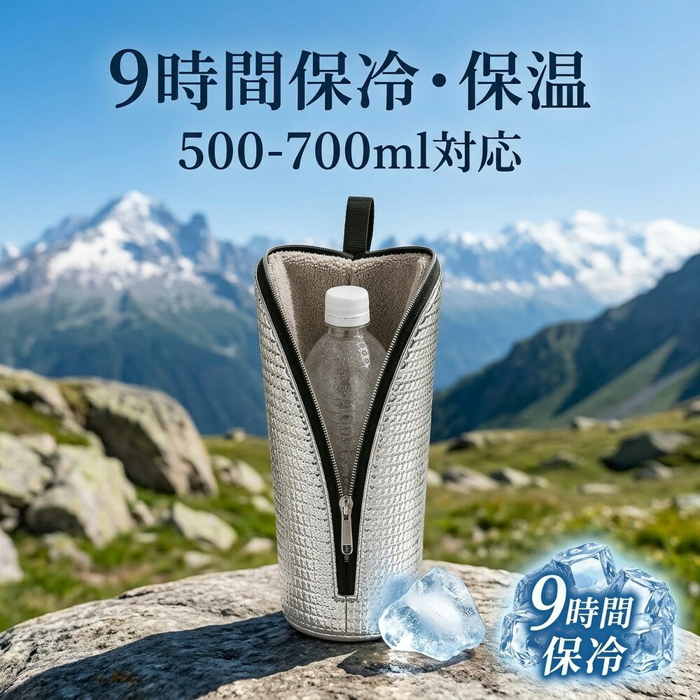 メーカー希望小売価格はメーカーサイトに基づいて掲載しています 商品名 ペットボトルカバー 保冷・保温タイプ 特徴 保冷力：9時間後も氷が残るほど。 アルミ保冷素材＋内側超繊維タオル生地で冷たさを長時間キープ。 結露対策にもおすすめ。バッグの中を濡らしにくい仕様。 保冷対策 厚さ約3mmのアルミ保温層を採用。 優れた断熱性で冷たい飲み物をしっかり保冷。 夏のお出かけ・通勤・通学・アウトドアに便利。 結露対策 内側に厚さ約2mmのマイクロファイバー生地を使用。 ペットボトル表面の水滴を吸収し、カバンの中を濡らしにくくします。 サイズ 高さ：約25cm 底部直径：約8.5cm 500ml・650ml・700mlまで対応 素材 アルミ保温層：約3mm 内側：マイクロファイバー生地 約2mm おすすめシーン 通勤・通学・買い物・旅行・キャンプ・アウトドア・ドライブ・ベビーカーでのお出かけなど 注意事項 ＜ご注意＞ ・保冷効果は使用環境や飲料の温度、外気温により異なります。 ・サイズ・重量には多少の誤差が生じる場合がございます。 ・長時間の吊り下げ使用や強い引っ張りは破損の原因となる場合がございます。 ・お使いのモニター環境により実際の色味と異なる場合がございます。 ・商品改良のため仕様やデザインが予告なく変更される場合がございます。
