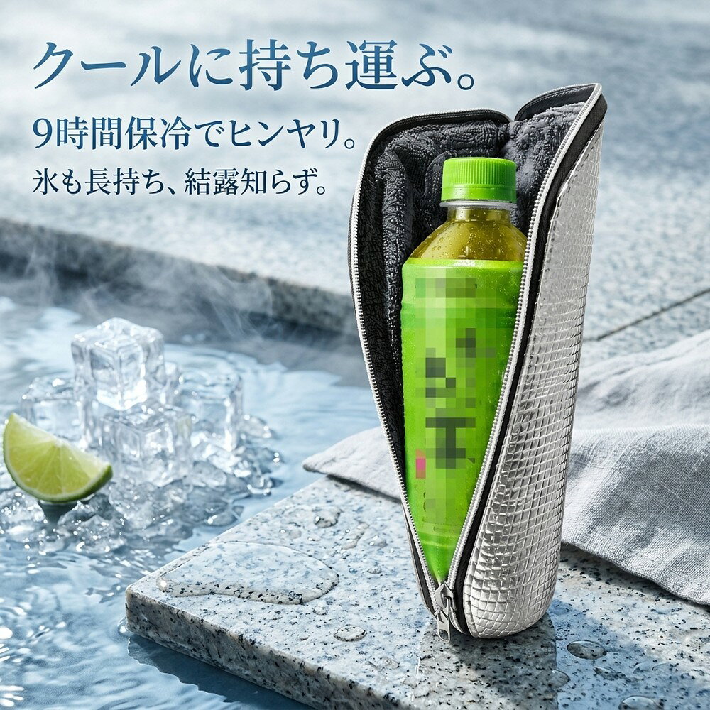 メーカー希望小売価格はメーカーサイトに基づいて掲載しています 結露をしっかり吸収！バッグの中を濡らさない保冷ポーチ 冷たい飲み物を買ったものの、結露でバッグの中がびしょびしょになってしまった…そんな経験はありませんか？ 本製品は、そんなお悩みを解決する結露吸収タイプの保冷ポーチです。 ■ バッグの中をしっかり守る、結露吸収構造 内側には約2mm厚手のマイクロファイバー生地を採用。発生した結露をしっかりと吸収し、バッグの中を濡らしません。さらに、ムレを抑えて嫌なニオイの発生も防ぎます。一般的な保冷ポーチのように水滴がつきにくく、荷物を安心して収納できます。 ■ 保冷効果もバッチリ！朝買った飲み物が夕方まで冷たいまま 約3mmの厚手断熱層がしっかりと保冷。なんと最長9時間後も氷が残るという実測データも。朝買った冷たい飲み物が、夕方まで冷たいまま楽しめます。 ■ 700mlペットボトルまで余裕の収納 内寸は高さ25cm、底部直径8.5cmの大容量設計。700mlのペットボトルにもジャストフィットし、525ml・600ml・650mlサイズにも余裕を持って収納可能です。 ■ 多彩なシーンで大活躍 通勤・通学はもちろん、お買い物、ピクニック、レジャーなど、あらゆるシーンで活躍するアイテムです。 製品仕様 対応容量：最大700ml 内寸：高さ25cm / 底部直径8.5cm 素材：内側マイクロファイバー（約2mm厚手）、外側保冷厚構造（約3mm）