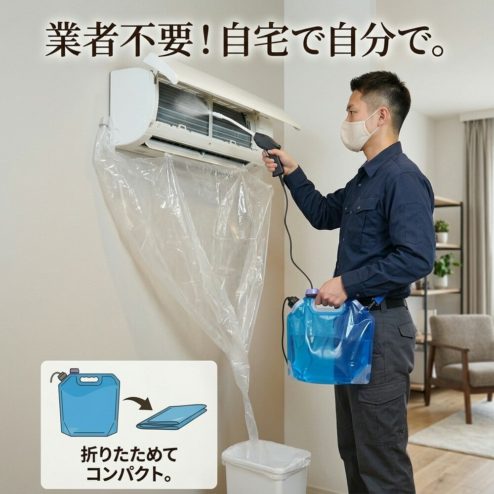メーカー希望小売価格はメーカーサイトに基づいて掲載しています 【2026年最新版】エアコン洗浄オールインワンセット（2mロングホース仕様） 商品概要 これ一台でエアコン内部のあらゆる汚れをリセット！ 2mのロングホースで、重い水袋を持ち上げることなく快適に作業が可能です。 対応可能な汚れ 【すべて徹底洗浄！】 ● 花粉： アレルギーの原因となる微細な粒子まで除去 ● カビ： 嫌なニオイの元となる吹き出し口の黒カビに ● 油分： キッチンからの油煙によるベタつき汚れに ● ホコリ・髪の毛： フィルターやフィンに詰まったゴミをパワフルに掃出し セット内容 1. 高圧クリーナーガン： パワフル噴射＆Type-C充電式 2. 2m給水ロングホース： 床置き作業を可能にする特注サイズ 3. 貯水バッグ： 持ち運びやすい大容量バッグ 4. エアコンカバー： 壁や床を汚さない完全防水タイプ 製品の特長 ● 2mホースの利便性： 踏み台に乗ってもホースが届くので、安全かつ楽に作業できます。 ● オールインワン： 届いたその日からお掃除開始！追加で道具を揃える必要はありません。 ● 電気代節約: 汚れ（ホコリ・油分）を落とすことで風量が復活し、省エネ効果が期待できます。 注意事項 ※電装部は必ず付属のカバーで保護してください。 ※充電器は付属しておりません（市販のType-Cアダプタをご使用ください）。