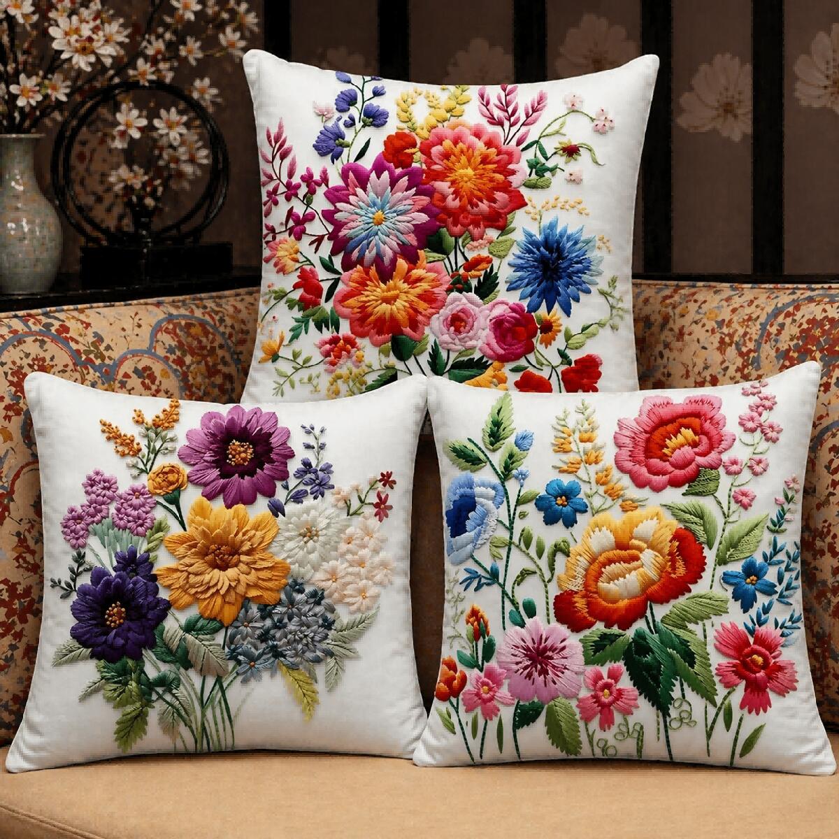 送料無料 カラフルホーム【2種類から選べる3枚セット】クッションカバー 45×45cm 花柄 刺繍風 華やか ボタニカル フラワー 3点SET ピーチスキン 起毛 柔らか 滑らか 北欧 おしゃれ インテリア 背当てカバー 新生活 引越し祝い 【3枚SET】パッと華やぐ、北欧風フラワー。洗える微起毛クッションカバー。 5