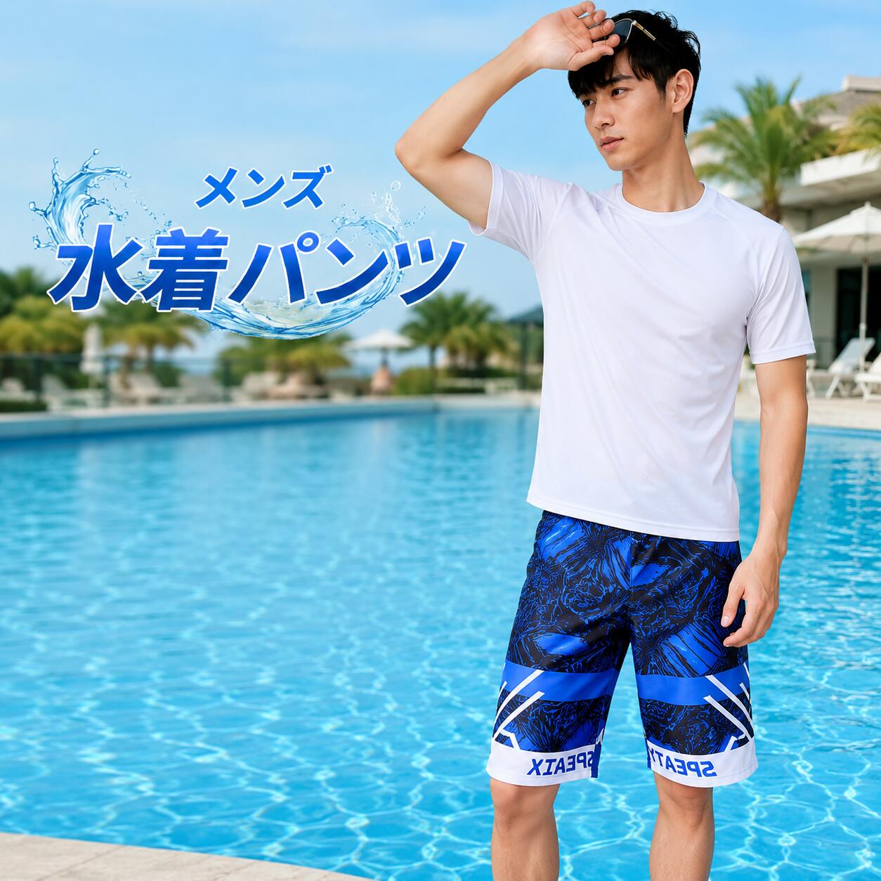 水着 メンズ サーフパンツ 海パン メンズ水着 スイムパンツ 水陸両用 速乾 軽量 ハーフパンツ スイムウェア 海水浴 プール ビーチ サーフィン リゾート おしゃれ Lサイズ 夏のレジャーをもっと快適に！動きやすく快適なメンズ水着パンツ 商品説明夏の海やプール、リゾートシーンにぴったりなメンズ サーフパンツ。ブルー×ブラックを基調としたスポーティーなデザインで、シンプルなTシャツやラッシュガードとも合わせやすく、水辺のレジャーから普段のアウトドアスタイルまで幅広く活躍します。軽やかな穿き心地で動きやすく、海水浴やプールはもちろん、サーフィン、ビーチ、旅行、リゾートなど夏のさまざまなシーンにおすすめです。おすすめポイントスポーティーなデザインブルー×ブラックの存在感あるデザインで夏らしい印象に。動きやすいハーフ丈膝まわりを動かしやすく、アクティブなシーンにもおすすめ。ウエスト紐付きフィット感を調節しやすく、快適な穿き心地。水辺のレジャーに大活躍プール・海水浴・ビーチ・サーフィン・リゾート・旅行など幅広く使えます。サイズLサイズ身長目安：165～178cm体重目安：55～63kgウエスト目安：2尺1～2尺3（約69～76cm）※体型や着用感には個人差があります。サイズ表をご確認のうえお選びください。 5
