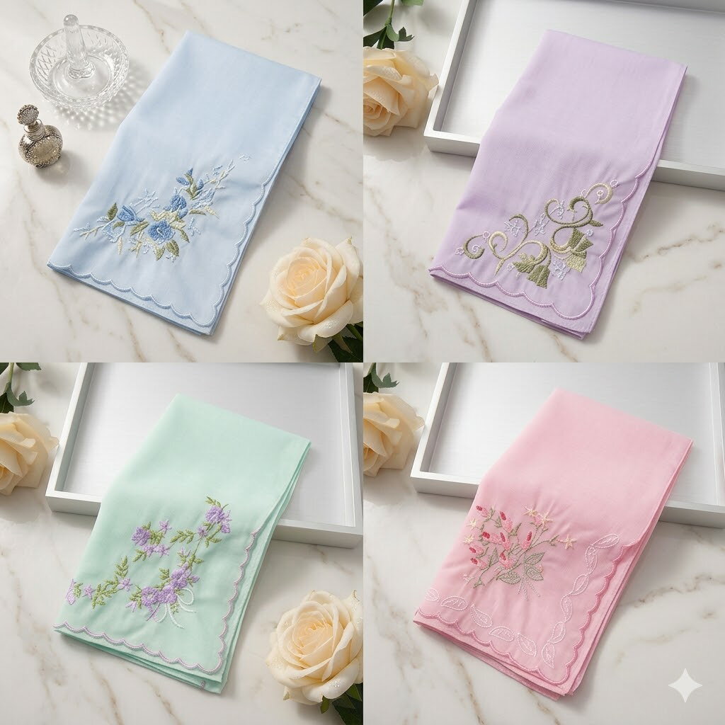 /期間限定15%OFFクーポン/カラフルホームレディース 綿100％ 刺繍ハンカチ 4枚セット（ブルー・パープル・グリーン・ピンク）