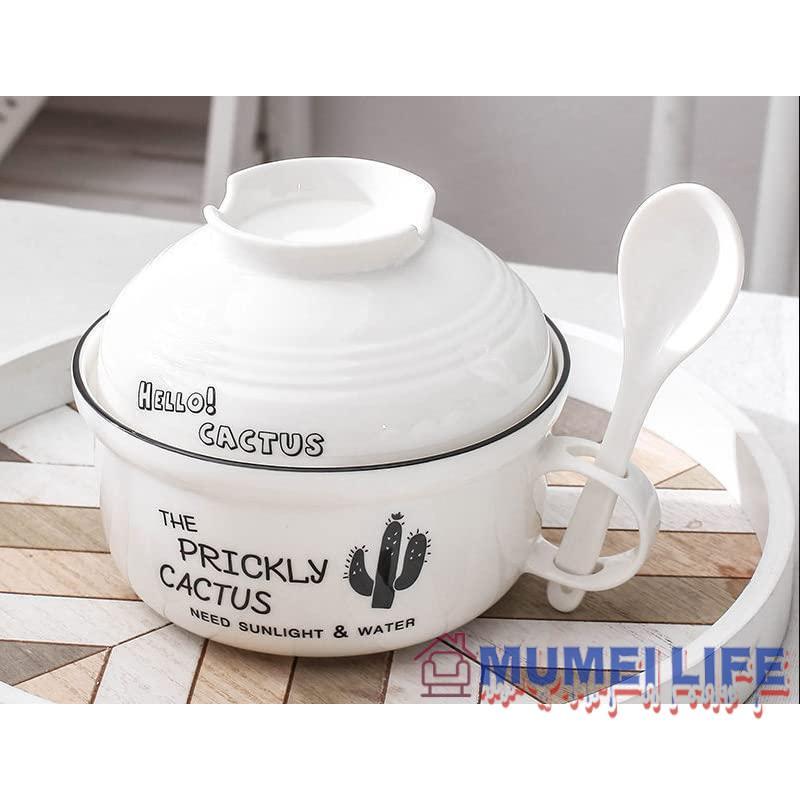 ラーメン丼 インスタントラーメン鉢 蓋付きセラミック国産ラーメン丼 電子レンジ対応の日本の食器 軽い 割れにくい 無料のスプーンと箸