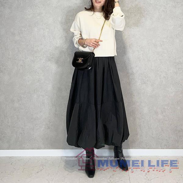 バルーンスカート　ロングスカート　ミモレ丈　ブラック　ルーズ　ウエストゴム　ゆったり　女子会　ほ..