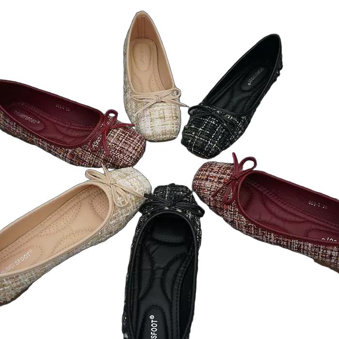 バレエシューズ スクエアトゥ シンプル リボン フラットパンプス ツイード チェック ブラック ベージュ..