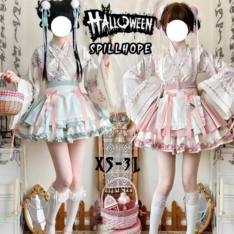 ハロウィン ワンピース コスプレ コスチューム チュールスカート 体型カバー LOLITA 可愛い 中華ロリィタ Aライン ロリータ 華ロリ ゴースト 飾 変装 コスプレ衣装 COSPLAY 仮装 演出服 学園祭 文化祭 デビル パーティ イベント