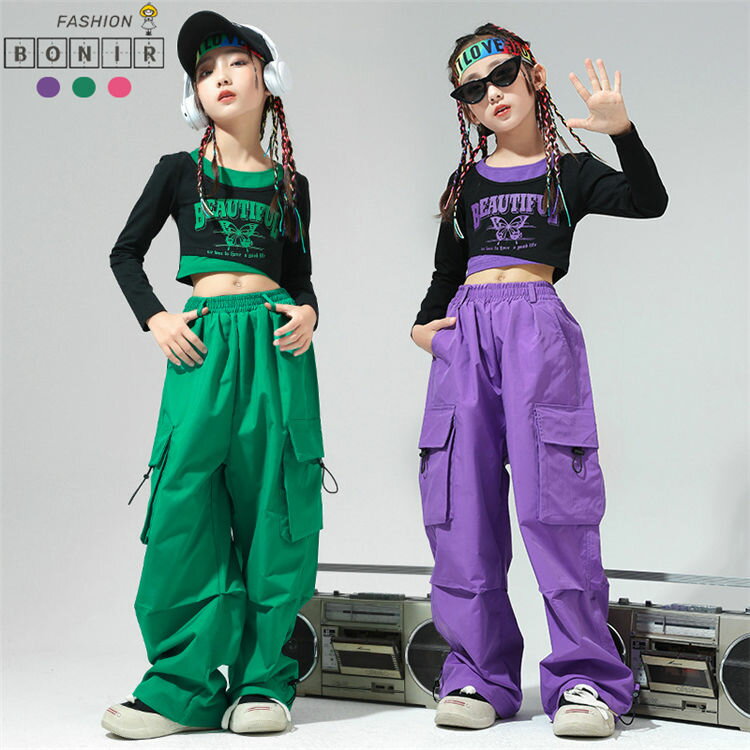 キッズダンス衣装 女の子 パープル 緑 ローズ セットアップ チアダンス へそ出し 長袖 クロップドトッ..