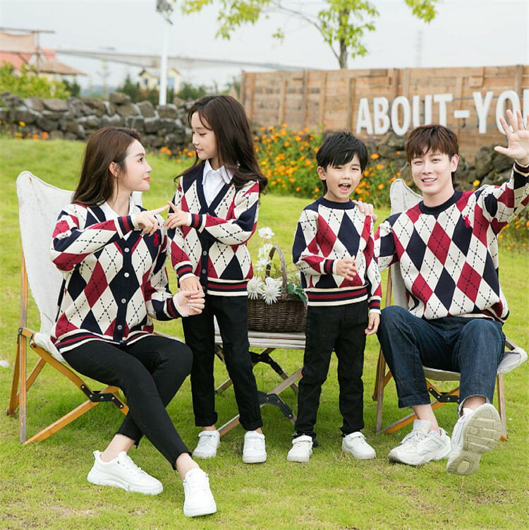 親子ペア トレーナー 秋冬 セーター ニット チェック 丸襟 前開き チェック柄 菱形 家族お揃い トップ..