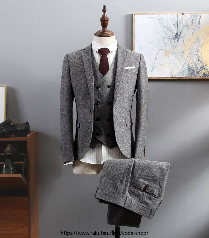 スリーピース メンズスーツ 高級感 タキシード 紳士服 全3色 冠婚葬祭 礼服 オフィス ビジネス セレモニースーツ フォーマル カジュアル 結婚式 二次会 通勤就活面接 お呼ばれ パーティー 春秋 秋冬 大きいサイズ 無地 長袖 ジャケット＋ベスト＋パンツ 3点セット