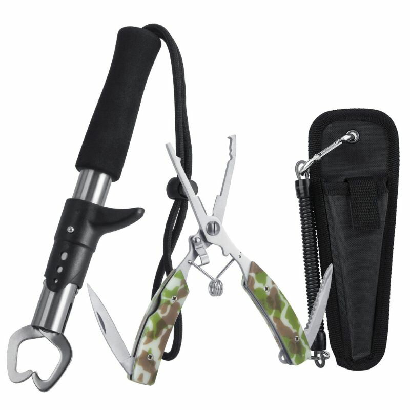 フィッシュグリップ フィッシュプライヤー 2点セット 針はずし フックはずし ラインカッター 魚掴み器 ナイフ内蔵 ルアー交換用 専用ケース及び安全ロープ付属 釣り具 ストラップとカラビナ付き ツール ステンレス 多機能 釣り用ペンチ 軽量鋏 魚ばさみ 防錆素材