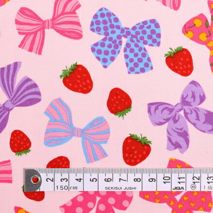 楽天Colorful Textile Market1.5m（数量15）までならゆうパケット対応商用利用可 生地 リボン柄 入園 入学 ピンク 女の子 いちごとリボンで満点ラブリー（ピンク） ツイル生地　ゆうパケット対応　