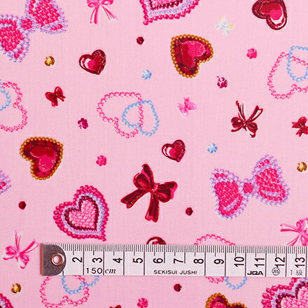 ハートとリボンのきらきらビューティー（スケアー地・ピンク） ラミネート(厚み0.08mm)生地