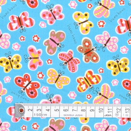 【期間限定ポイント5倍】1.5m(数量15)までならゆうパケット対応商用利用可 生地 ちょうちょ柄 スカイ 女の子 カラフルちょうちょ、こんにちは（スカイ） シーチング生地　ゆうパケット対応　のサムネイル
