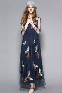 【】2017春新作】透かし彫り花柄刺繍レトロ柄レースドレス結婚式パーティー♪欧米レディースファッションフリル高級品結婚式ワンピース7分袖長袖結婚式パーティードレスひざ丈ワンピースロングマキシ上品さひざ下結婚式ドレス披露宴大人お呼ばれ