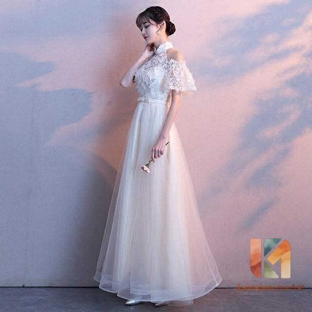 パーティードレス 立ち襟 オフショルダー 半袖 ロングドレス 結婚式 二次会 お呼ばれ 宴会 イブニングドレス キレイめ 20代 30代 3