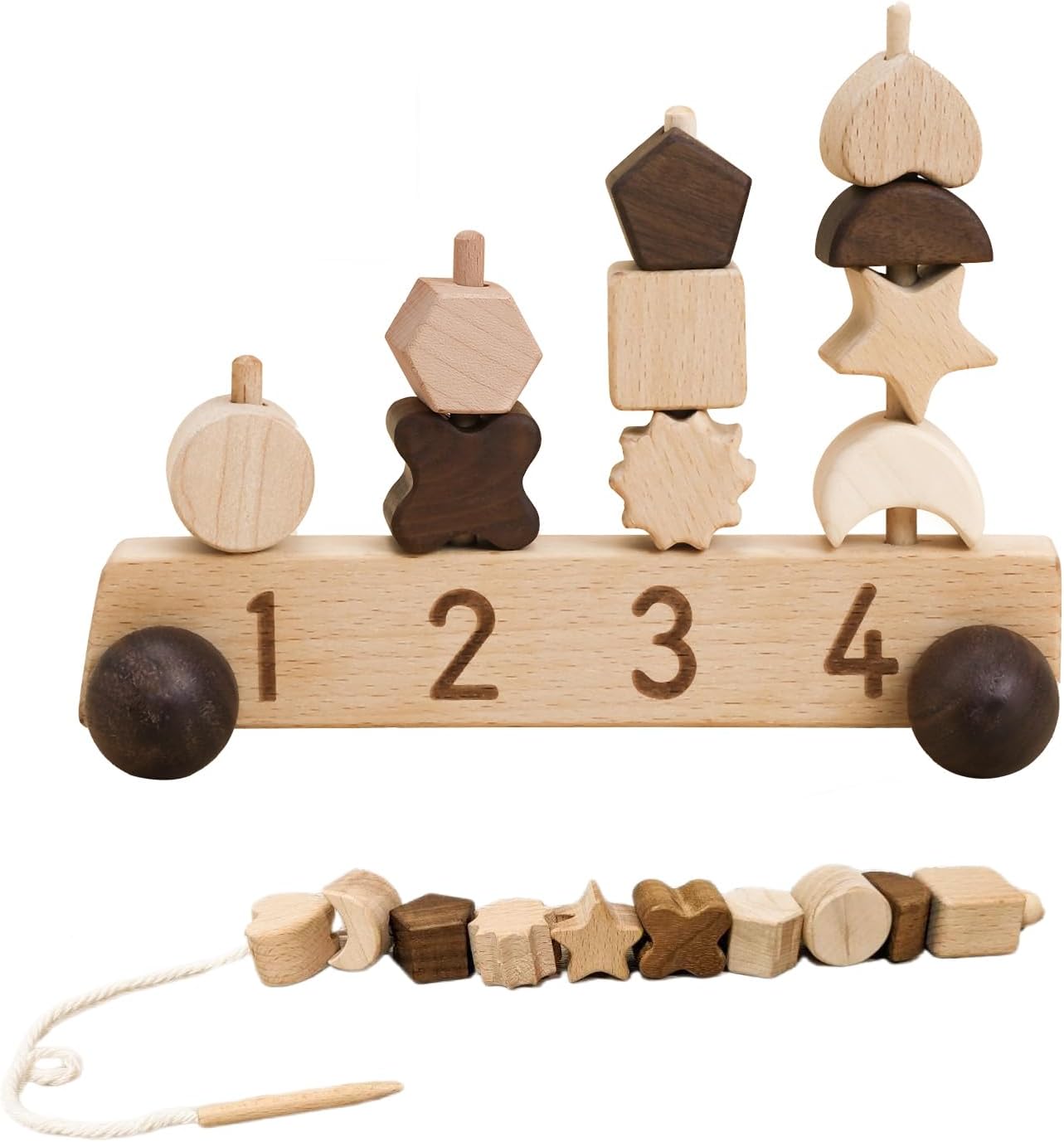 商品情報 【指先の発達にシリーズおもちゃ】指の器用さと計算能力を啓発するためのゲームセットです。子供たちは、木製カートに付属の棒にさまざまな形のブロックを挿してみることができます。木の棒の位置を目で確認しながら、指を正確に異なるブロックに置く。この過程は子供の目と手の間の協調性を鍛えるだけでなく、創造性を深めるのに役立ちます！ 【多様な遊び方の知育玩具】「ひも通し」：スタッキングゲームとしてだけでなく、ひも通しおもちゃとしても遊ぶことができます。ブロックにひもを通してつなげてみて、すぐに夢中でブロックを通すスピードが早くなり、たのしく集中力もつきそうだ！「数字認知」：木製のトロリーに印刷されている番号は、上記の同じブロック数に対応しています。ブロックの個数、対応する数字をお子さまに語りかけながら遊ぶことで、数字を表す単語を学ぶことができます。 【特別な手押し車デザイン】本体となる木車ベースは、ナチュラルな風合くて独特な形をしており、底には4つの滑らかな車輪があり、手で木車をつかみ、車輪の回転を使って車を前進させます。赤ちゃんの興味を引き、手押し車と一緒にお散歩して色々な発見しちゃおう！遊んだ後、そのままに部屋に置いていても可愛い。 【赤ちゃん向けの安心な素材】天然木製のおもちゃとして、環境に優しい塗料を採用して、ブロックはすべて角を取って面取りされているのでお子さんにも安心です。全て木製なので使いやすいですし、車輪は床面を保護する天然木で縁取られていて、畳でも絨毯でもしっかり動きます。 【プレゼントにピッタリ】豊富なセットの内容：車輪付きの木製ベース*1、さまざまな形のブロック*10、ひも*1。ご年配の方は、お孫さんとのひとときに、親双方が子供と一緒に参加するのに適したゲームセット。女の子や男の子への知育玩具として誕生日プレゼントランキング1位です！贈り物、出産祝い、入園のお祝い、子どもの日、クリスマス、または特別なイベントにおすすめです。
